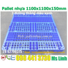 Pallet nhựa 1100x1100x150mm màu xanh 3 đường thẳng