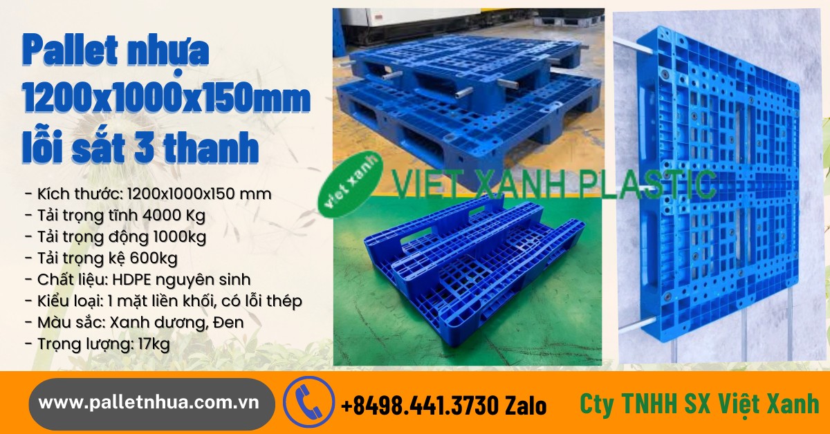 Pallet 1200x1000mmx150mm 3 đường thẳng lỗi sắt màu xanh, đen Pallet_nhua_1200x1000x150mm_3_thanh_xanh