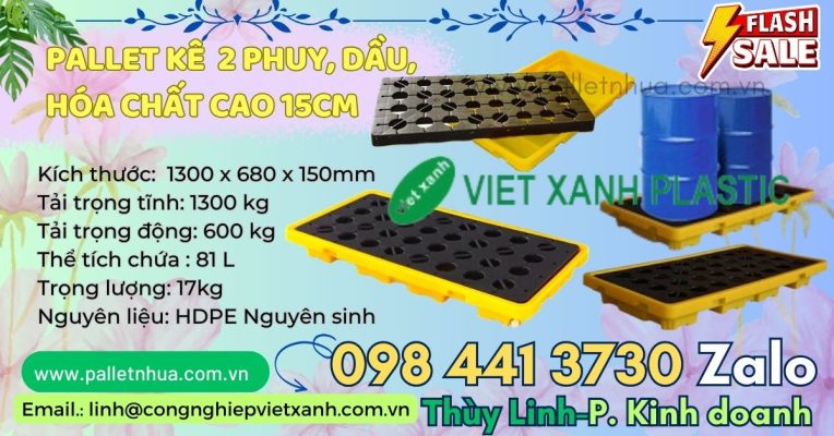 Pallet nhựa kê phuy dầu hóa chất 2 phuy cao 150mm