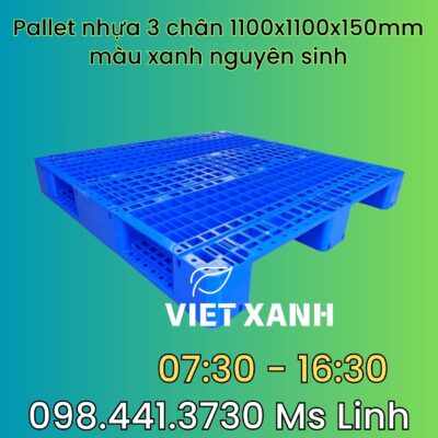 Pallet-nhua-3-chan-1100x1100x150mm-mau-xanh-Nguyen-sinh-1
