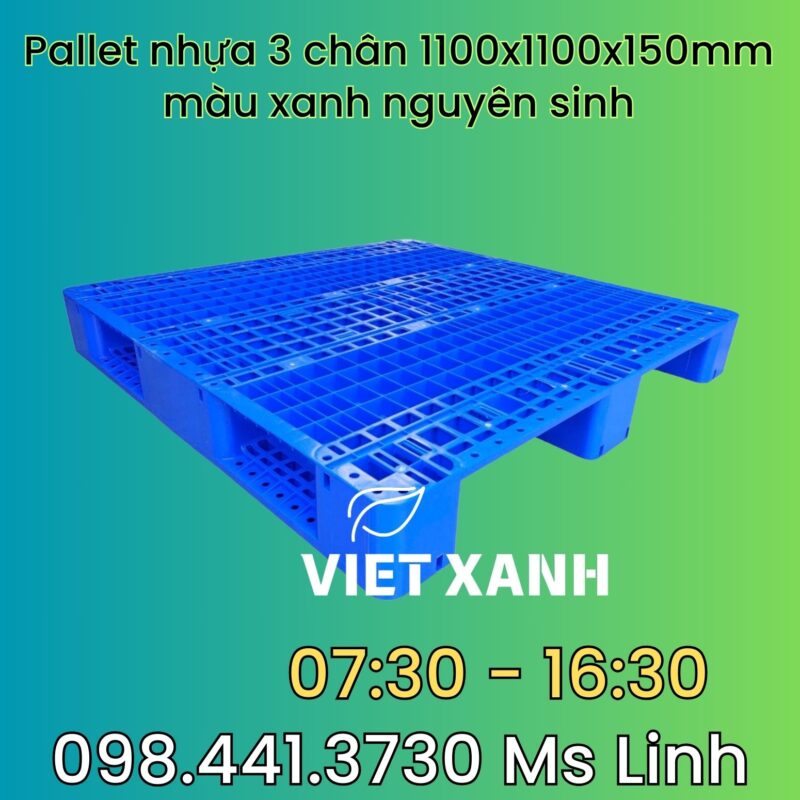 Pallet-nhua-3-chan-1100x1100x150mm-mau-xanh-Nguyen-sinh-1