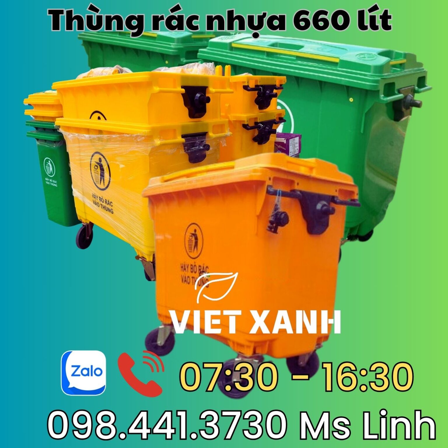 Thung-rac-nhua-660-lit-mau-xanh-cam-vang